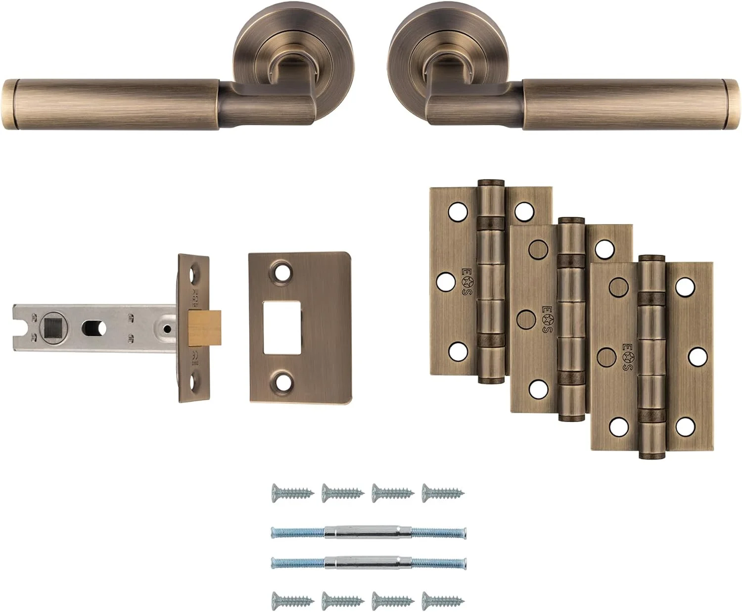 پک کامل دستگیره درب Carlisle Brass Belas، شامل یک جفت دستگیره، 3 لولا و یک زبانه 3 اینچی برنجی عتیقه