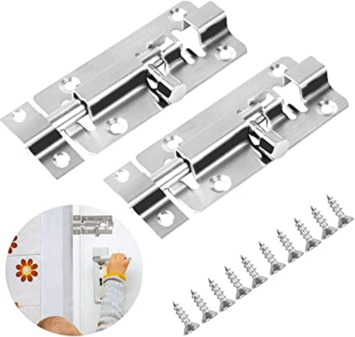 قفل زبانه کشویی درب DELFINO با پیچ، قفل زبانه کشویی استیل ضد زنگ 3 اینچی، 2 عددی، قفل زبانه کشویی بشکه ای برای انواع درب های داخلی