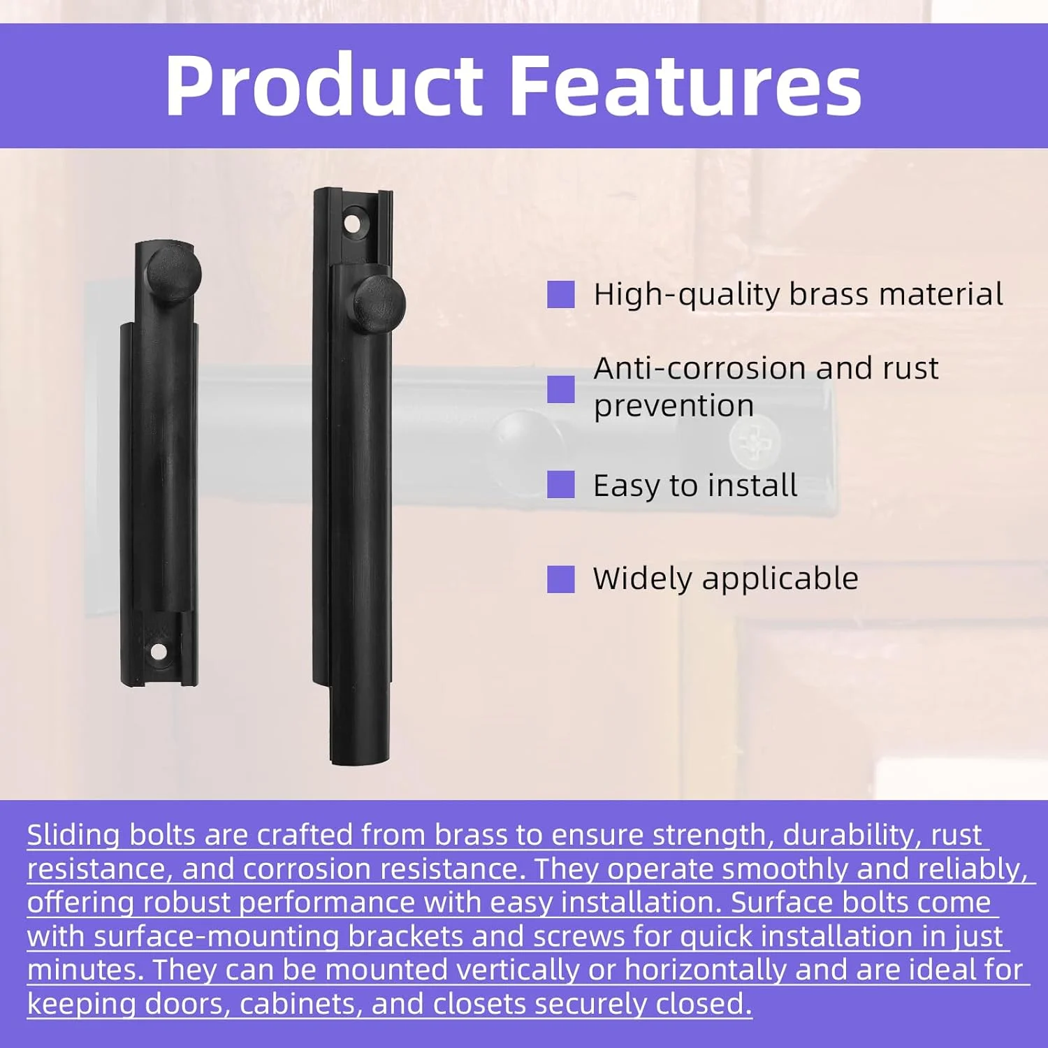 دو عدد قفل زبانه سطحی برنجی، قفل کشویی درب سنگین 3 و 4 اینچی با پیچ برای بالای قفل زبانه کشویی، مشکی