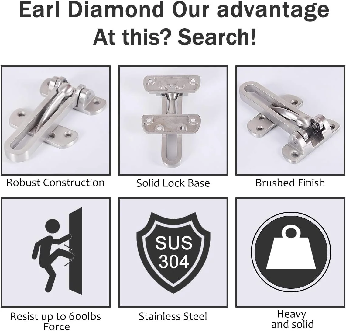 قفل میله ای چرخشی سنگین و مقاوم ارل دایموند به عنوان قفل دوم درب، قفل گیره محافظ درب برای منزل، هتل، اداره، فولاد ضد زنگ جامد تقویت شده، رنگ نقره ای