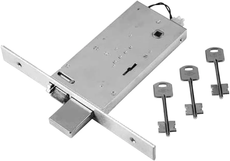 قفل برقی دو لنگه آلومینیومی برای درب ها. پرداخت فولاد ضد زنگ. با 4 زبانه اجباری و زبانه درب. چشمی برای مونتاژ آسان حراجی های داخلی/خارجی. روکش جلویی فولاد ضد زنگ.