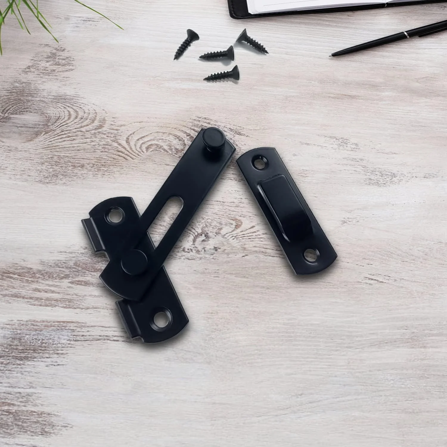 EMHTHME قفل درب کشویی انبار، قفل زبانه ایمنی درب، سخت افزار زبانه کشویی 180 درجه استیل ضد زنگ، برای کابینت شراب، حمام، گاراژ، باغ، درب کمد (مشکی)