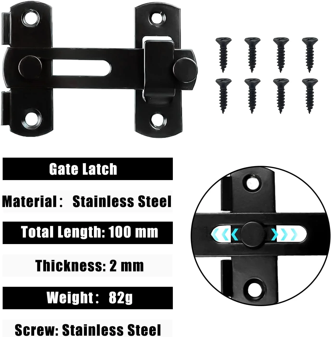 EMHTHME قفل درب کشویی انبار، قفل زبانه ایمنی درب، سخت افزار زبانه کشویی 180 درجه استیل ضد زنگ، برای کابینت شراب، حمام، گاراژ، باغ، درب کمد (مشکی)