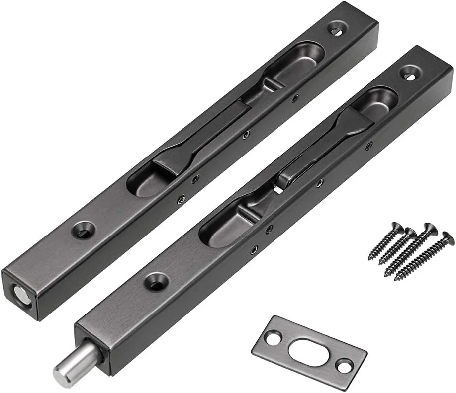 IGNPION بسته 2 عددی قفل زبانه توکار درب، قفل اهرمی امنیتی درب مخفی، استیل ضد زنگ 304 برس خورده، قفل کشویی با صفحه و پیچ (مشکی، طول 20 سانتی متر)