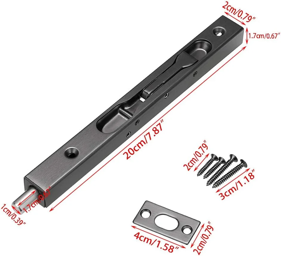 IGNPION بسته 2 عددی قفل زبانه توکار درب، قفل اهرمی امنیتی درب مخفی، استیل ضد زنگ 304 برس خورده، قفل کشویی با صفحه و پیچ (مشکی، طول 20 سانتی متر)