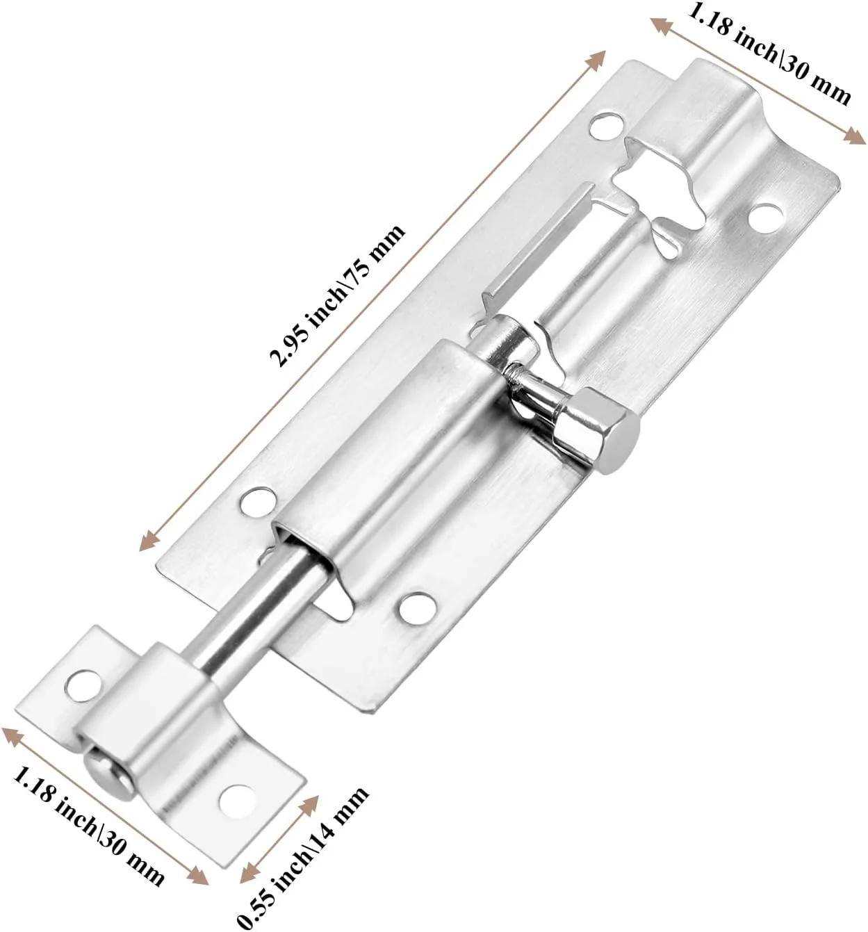 زبانه قفل درب استیل ضد زنگ برای درب حمام و انباری، 75 میلی متر در 30 میلی متر، بسته 6 عددی، نقره ای