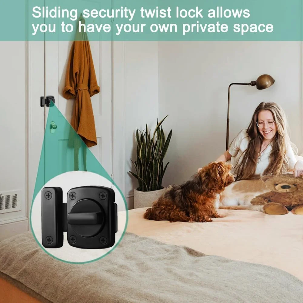 قفل زبانه کشویی درب Joyzzz، 2 عدد قفل چرخشی درب حمام، قفل ضد سرقت ثابت اضافی برای چپ و راست، قفل آلیاژ روی برای پنجره توالت بالکن (مشکی)