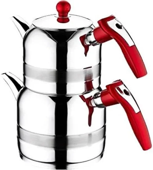 ست قوری چای ترکی Hakan برای اجاق گاز، ست قوری دوقلو استیل با دسته باکالیت، کتری چای صافی دار به سبک سماور، ظرفیت کل 3.25 لیتر (قرمز) ست قوری چای ترکی Hakan برای اجاق گاز، ست قوری دوقلو استیل با دسته باکالیت، کتری چای صافی دار به سبک سماور، ظرفیت کل 3.25 لیتر (قرمز)