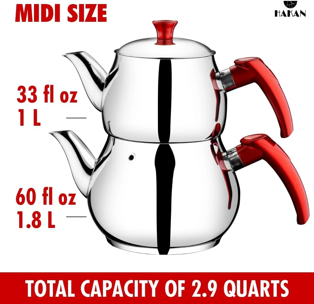 ست قوری چای دوقلو هاکان استیل ضد زنگ 2.8 لیتری، 93 اونس، مدل Midi Bondy با صافی سرخود و درب دوتایی، ست قوری به سبک سماور ترکی، کتری چای برای چای برگ با دسته باکلیت قرمز 2.9 کوارت
