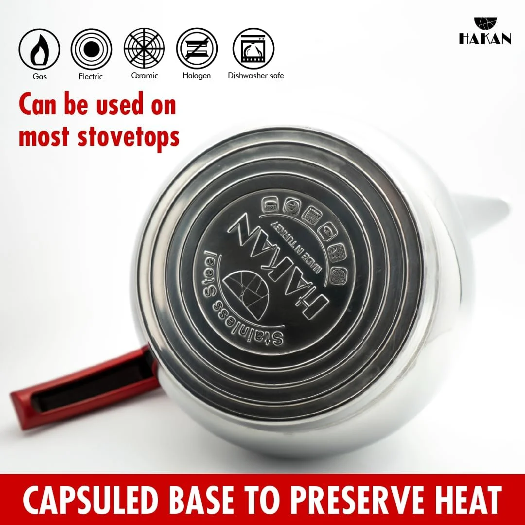 ست قوری چای دوقلو هاکان استیل ضد زنگ 2.8 لیتری، 93 اونس، مدل Midi Bondy با صافی سرخود و درب دوتایی، ست قوری به سبک سماور ترکی، کتری چای برای چای برگ با دسته باکلیت قرمز 2.9 کوارت