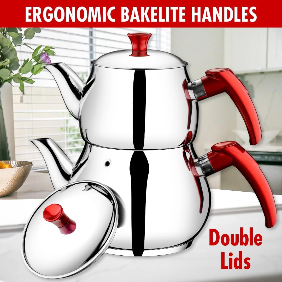 ست قوری چای دوقلو هاکان استیل ضد زنگ 2.8 لیتری، 93 اونس، مدل Midi Bondy با صافی سرخود و درب دوتایی، ست قوری به سبک سماور ترکی، کتری چای برای چای برگ با دسته باکلیت قرمز 2.9 کوارت