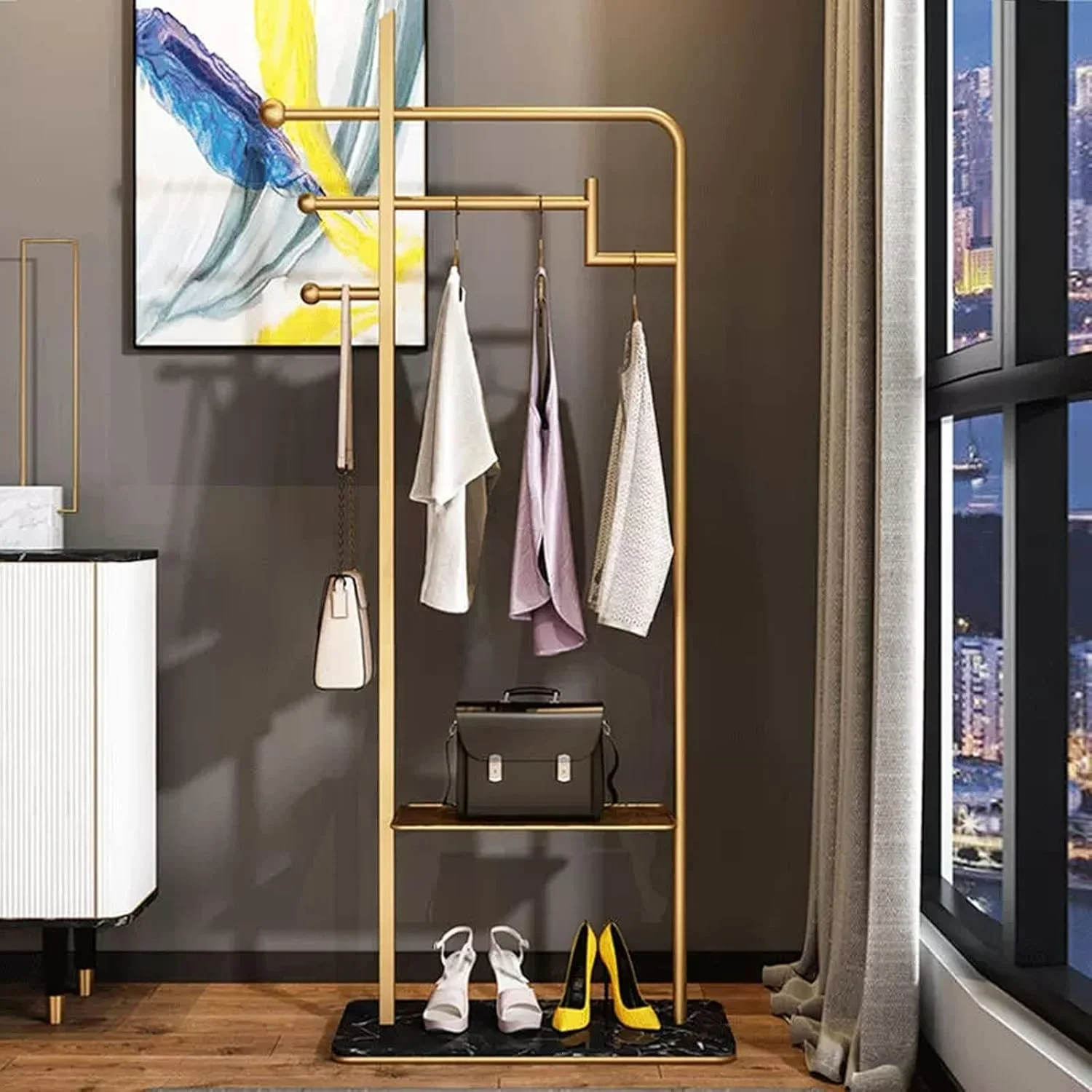 رخت آویز ایستاده، مناسب اتاق خواب، طلایی رنگ، آویز لباس، مناسب فروشگاه لباس و هتل، رخت آویز تک میله ای (مشکی)