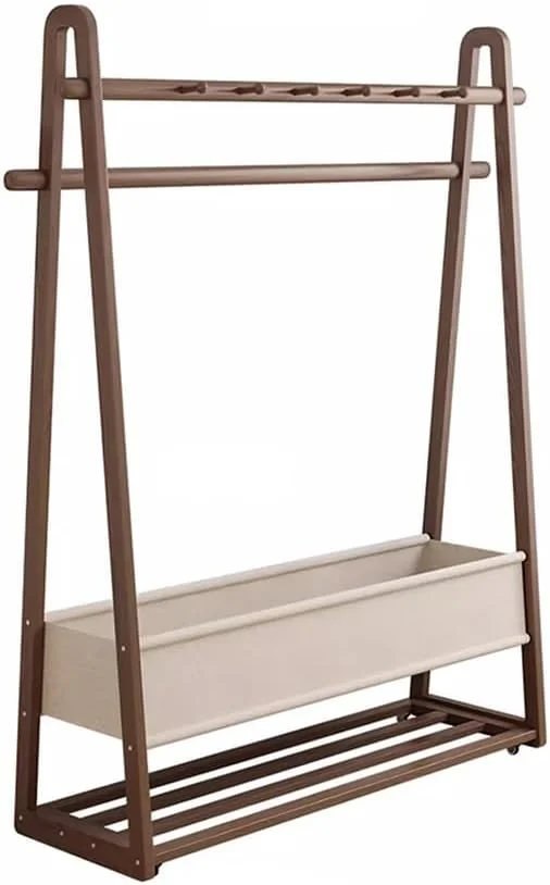 رخت آویز ایستاده چوبی با قفسه، رخت آویز متحرک با چرخ، مناسب برای ورودی، راهرو و اتاق خواب (گردویی، وسط) رخت آویز ایستاده چوبی با قفسه، رخت آویز متحرک با چرخ، مناسب برای ورودی، راهرو و اتاق خواب (گردویی، وسط)