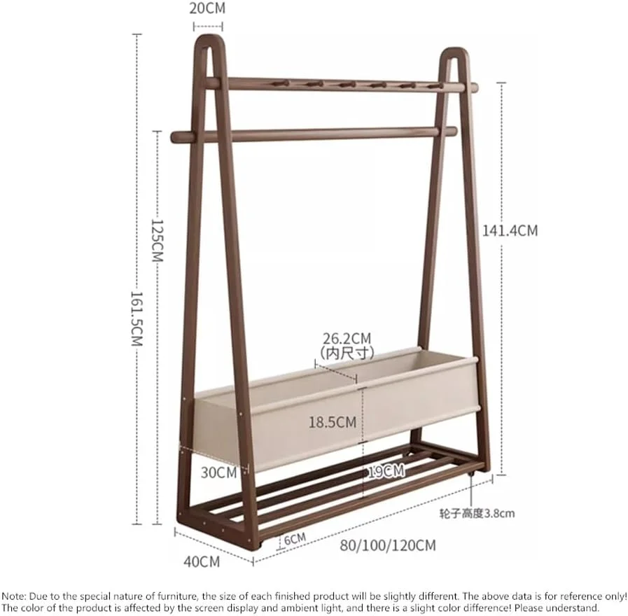 رخت آویز ایستاده چوبی با قفسه، رخت آویز متحرک با چرخ، مناسب برای ورودی، راهرو و اتاق خواب (گردویی، وسط)