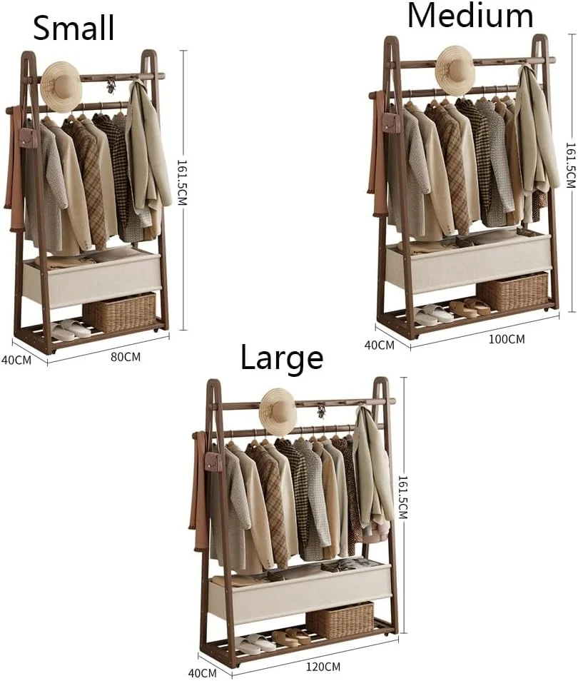 رخت آویز ایستاده چوبی با قفسه، رخت آویز متحرک با چرخ، مناسب برای ورودی، راهرو و اتاق خواب (گردویی، وسط)