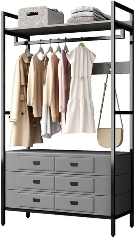 رخت آویز ایستاده با قفسه و کشو برای نگهداری وسایل اتاق خواب، میز آرایش و اتاق نشیمن، رخت آویز فلزی (خاکستری+خاکستری) رخت آویز ایستاده با قفسه و کشو برای نگهداری وسایل اتاق خواب، میز آرایش و اتاق نشیمن، رخت آویز فلزی (خاکستری+خاکستری)