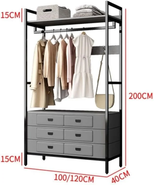 رخت آویز ایستاده با قفسه و کشو برای نگهداری وسایل اتاق خواب، میز آرایش و اتاق نشیمن، رخت آویز فلزی (خاکستری+خاکستری)