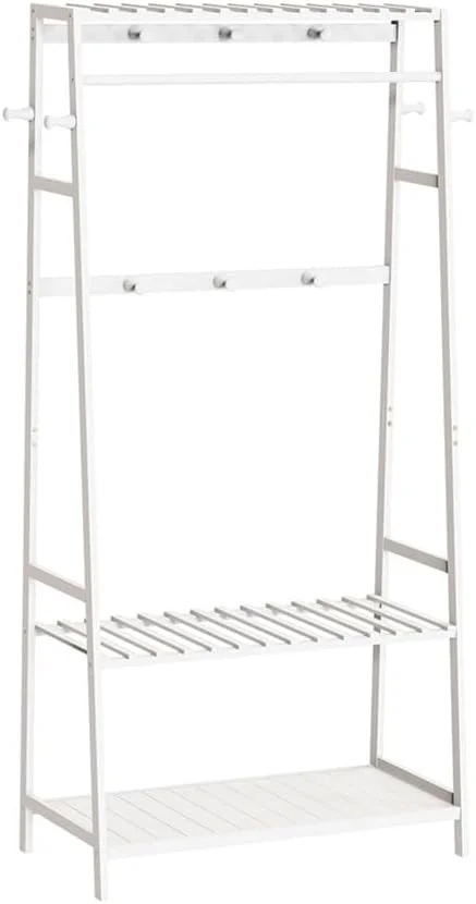 رخت آویز ایستاده بامبو با قفسه های ذخیره سازی و 10 قلاب برای ورودی، اتاق خواب، راهرو و دفتر (سفید) رخت آویز ایستاده بامبو با قفسه های ذخیره سازی و 10 قلاب برای ورودی، اتاق خواب، راهرو و دفتر (سفید)