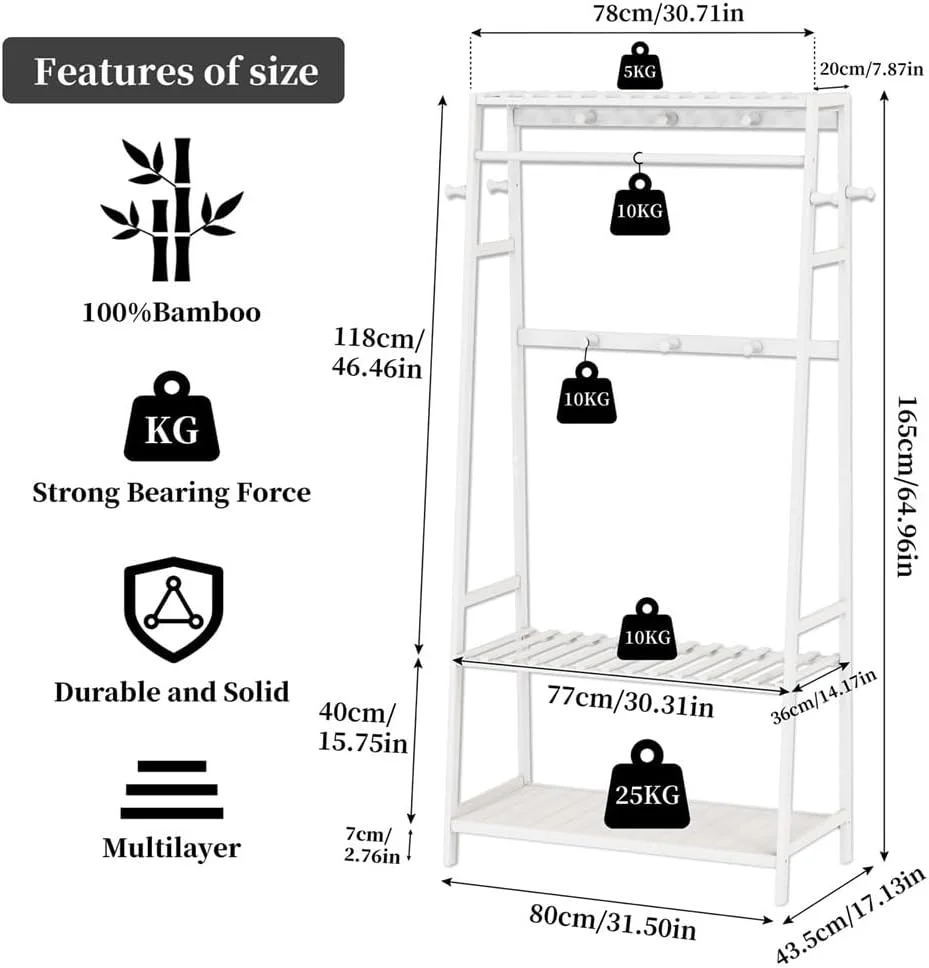 رخت آویز ایستاده بامبو با قفسه های ذخیره سازی و 10 قلاب برای ورودی، اتاق خواب، راهرو و دفتر (سفید)
