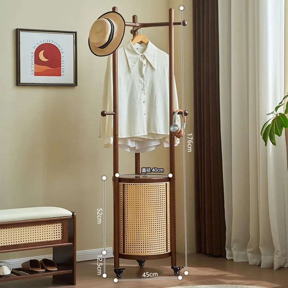 رخت آویز ایستاده چوبی با سبد لباس حصیری، مناسب برای اتاق خواب و منزل (رنگ چوب) رخت آویز ایستاده چوبی با سبد لباس حصیری، مناسب برای اتاق خواب و منزل (رنگ چوب)