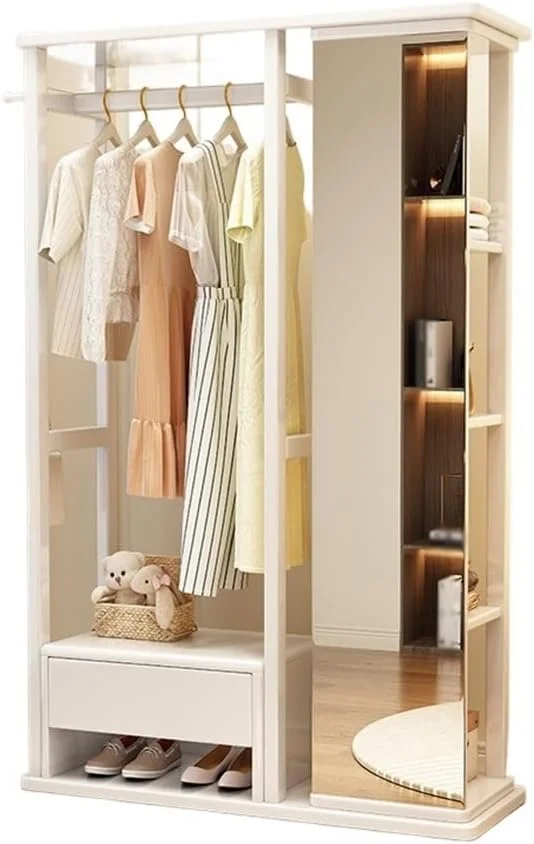 چوب لباسی ایستاده از جنس چوب جامد، آینه آرایشی برای اتاق خواب، چند منظوره با قابلیت چرخش به همراه قفسه کفش (سفید) چوب لباسی ایستاده از جنس چوب جامد، آینه آرایشی برای اتاق خواب، چند منظوره با قابلیت چرخش به همراه قفسه کفش (سفید)