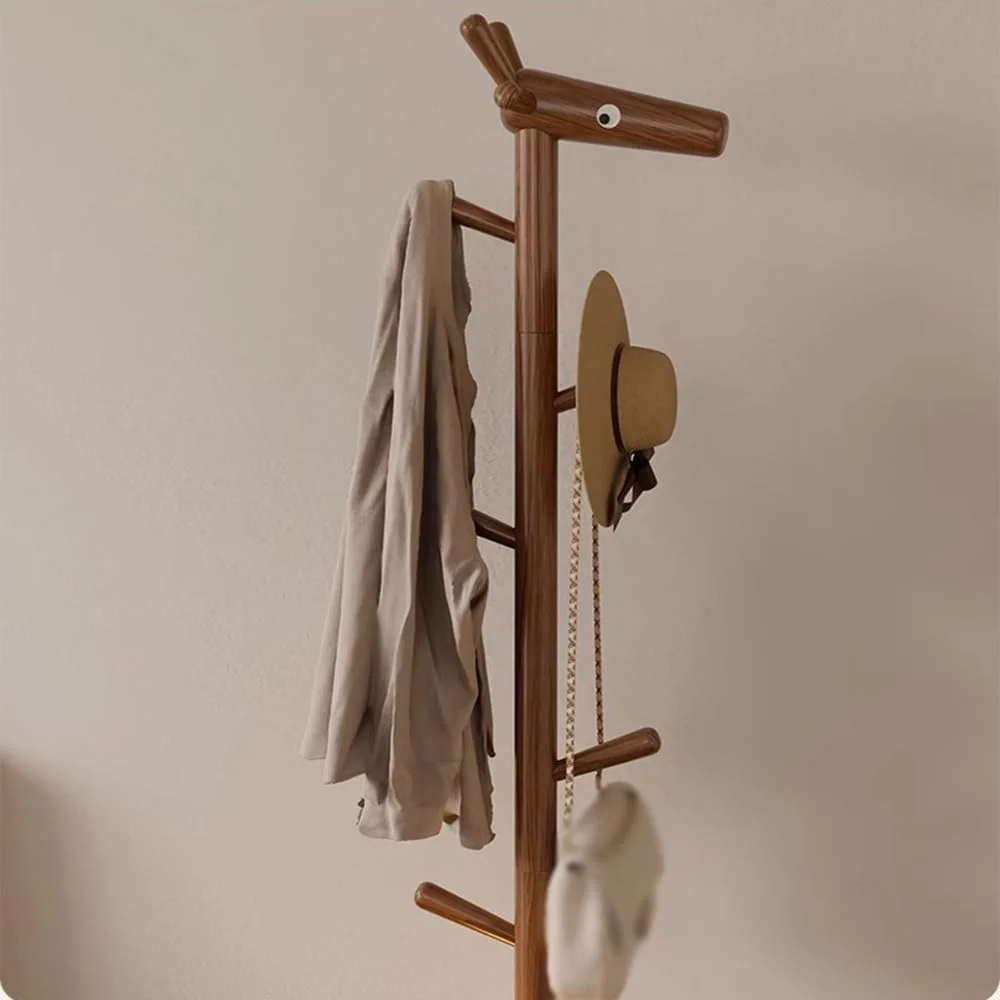 رخت آویز ایستاده چوبی، رخت آویز طرح گوزن، مناسب اتاق خواب، اتاق نشیمن، قفسه نگهداری لباس، میز کنار تخت خلاقانه (گردویی، کوچک)