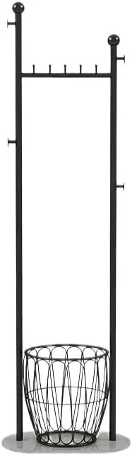 جالباسی ایستاده فلزی با سبد، مناسب برای اتاق خواب منزل، با قفسه های عمودی برای کت، کلاه، شال گردن و کیف دستی (مشکی)