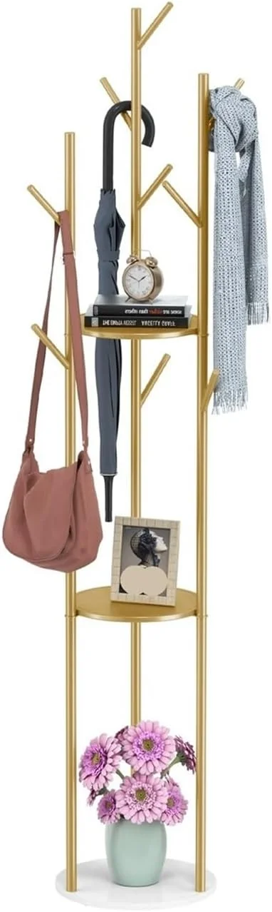 رخت آویز ایستاده فلزی با پایه مرمر، دارای 3 طبقه و 9 آویز برای آویزان کردن پالتو، ژاکت، کلاه و کیف