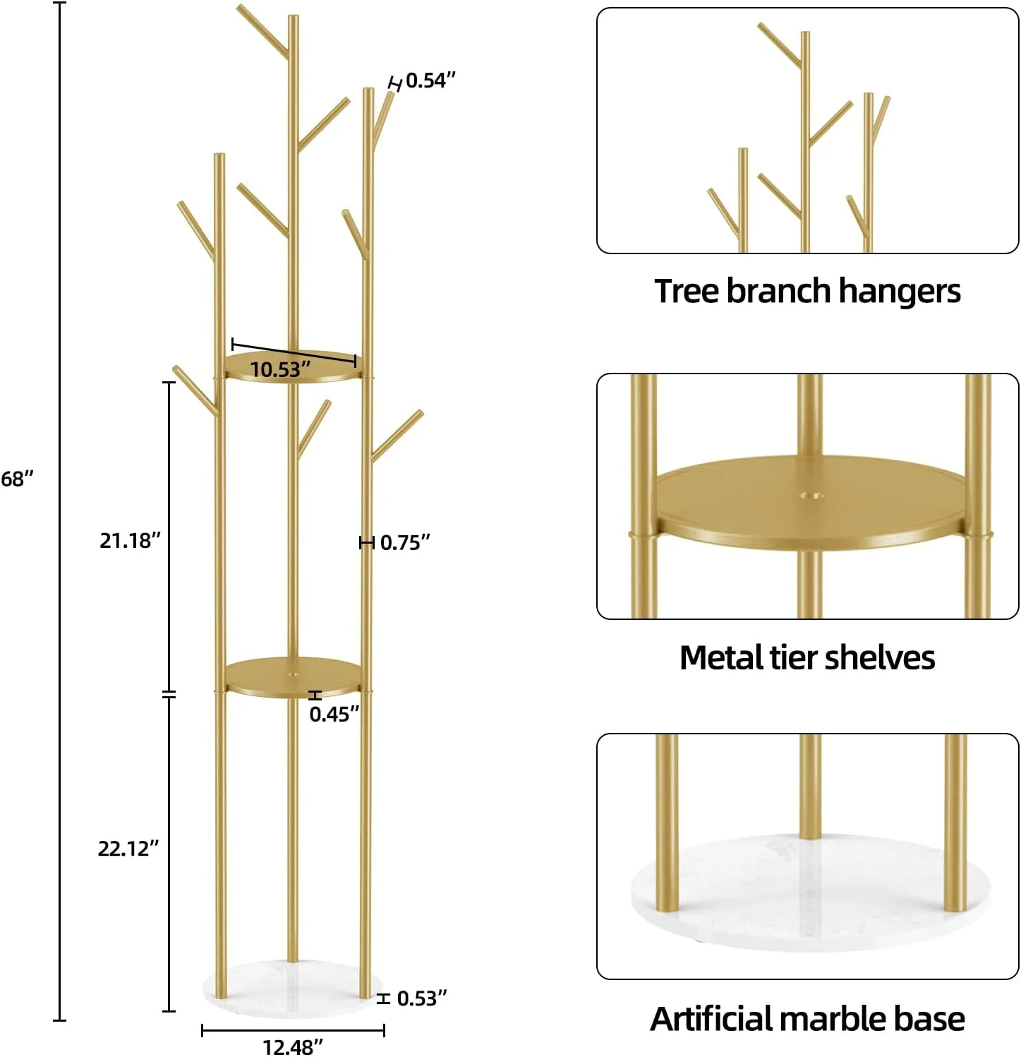 رخت آویز ایستاده فلزی با پایه مرمر، دارای 3 طبقه و 9 آویز برای آویزان کردن پالتو، ژاکت، کلاه و کیف رخت آویز ایستاده فلزی با پایه مرمر، دارای 3 طبقه و 9 آویز برای آویزان کردن پالتو، ژاکت، کلاه و کیف
