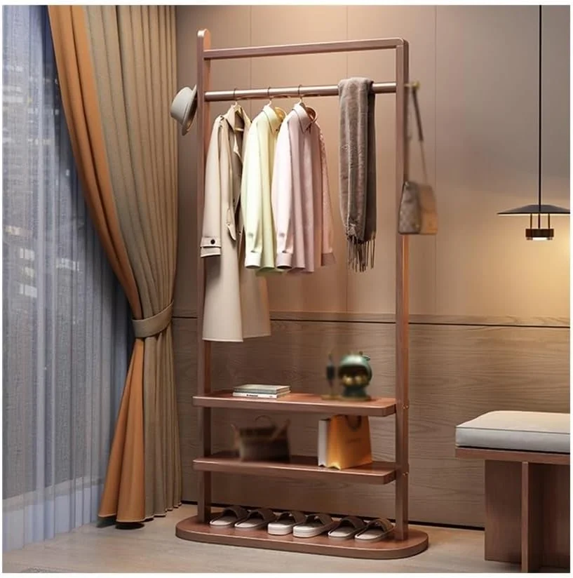 رخت آویز ایستاده چوبی برای اتاق خواب، اتاق نشیمن، آویز لباس ساده مناسب هتل ها و اقامتگاه ها به سبک چینی جدید (گردویی)
