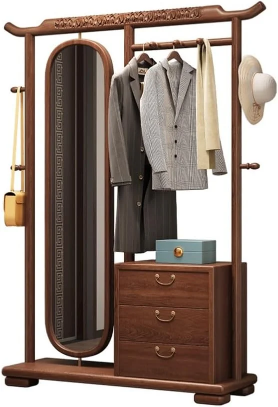 جالباسی ایستاده طرح جدید چینی، آینه قدی، مناسب اتاق خواب، نشیمن، چند منظوره، چوب جامد، چرخشی، به همراه کشو