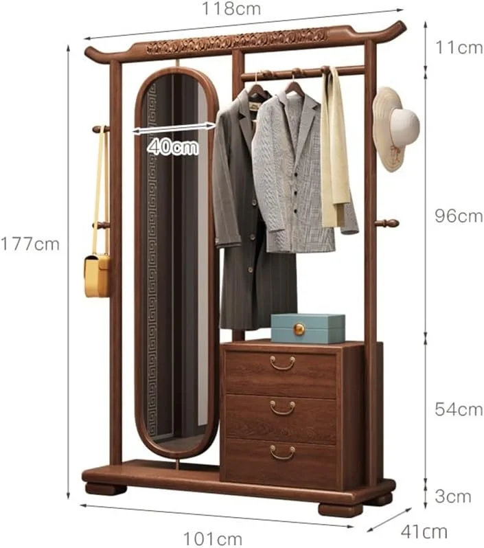 جالباسی ایستاده طرح جدید چینی، آینه قدی، مناسب اتاق خواب، نشیمن، چند منظوره، چوب جامد، چرخشی، به همراه کشو