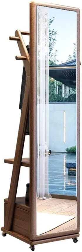 آویز لباس چرخشی متحرک با آینه قدی، چوب لباسی چند منظوره ایستاده، رخت آویز چوبی جامد اتاق خواب، آینه لباس