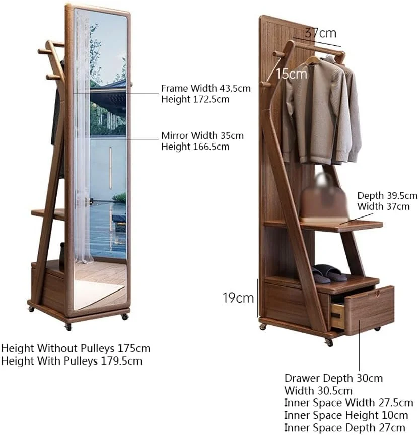 آویز لباس چرخشی متحرک با آینه قدی، چوب لباسی چند منظوره ایستاده، رخت آویز چوبی جامد اتاق خواب، آینه لباس