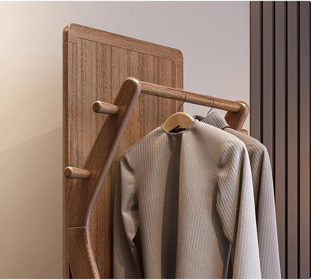 آویز لباس چرخشی متحرک با آینه قدی، چوب لباسی چند منظوره ایستاده، رخت آویز چوبی جامد اتاق خواب، آینه لباس