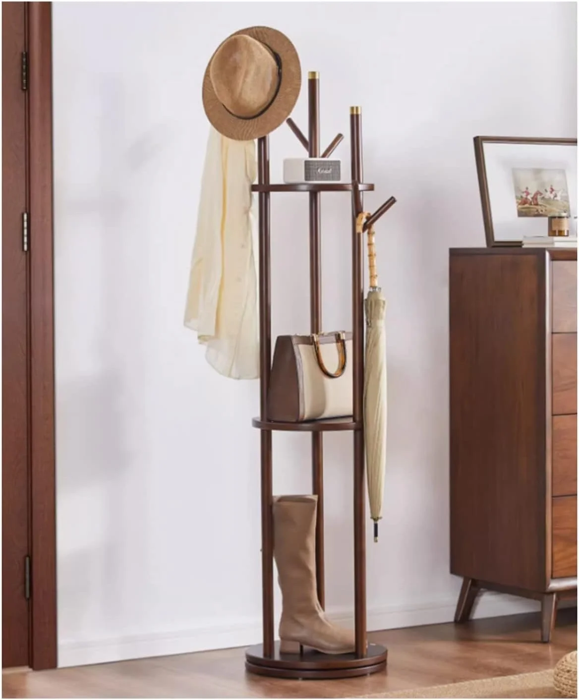 رخت آویز ایستاده چوبی برای اتاق خواب، رخت آویز زمینی، رخت آویز چرخشی چند منظوره