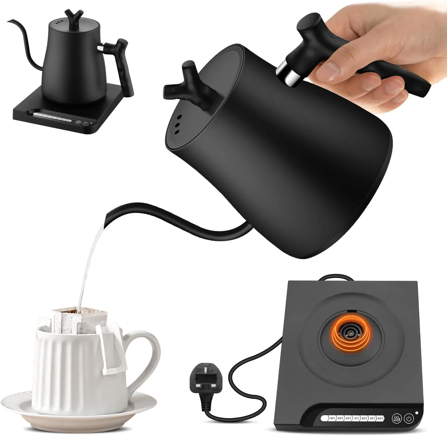 کتری برقی گردن غازی Necomi، کتری برقی قهوه 1 لیتری با نشانگر دما، کتری آب و چای استیل ضد زنگ 1000 واتی، خاموش شدن خودکار، برای قهوه، چای (مشکی)