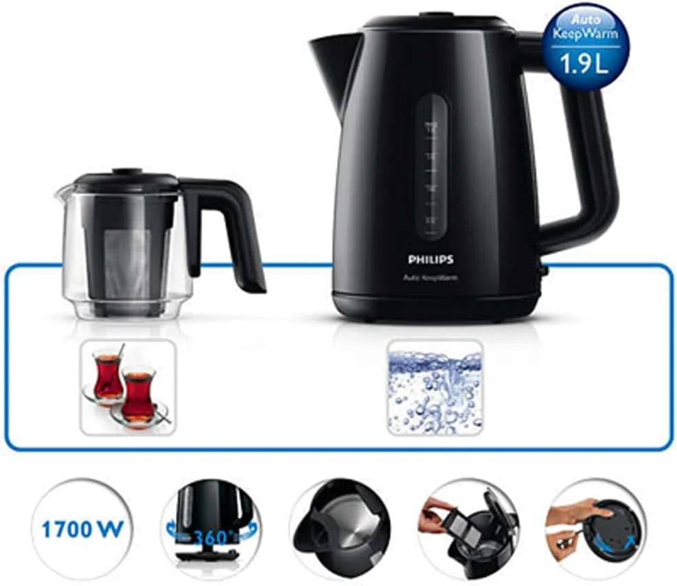 چای ساز فیلیپس مدل HD7301/00، ظرفیت 1.9 لیتر، پایه چرخان 360 درجه، سیم جمع کن، مشکی