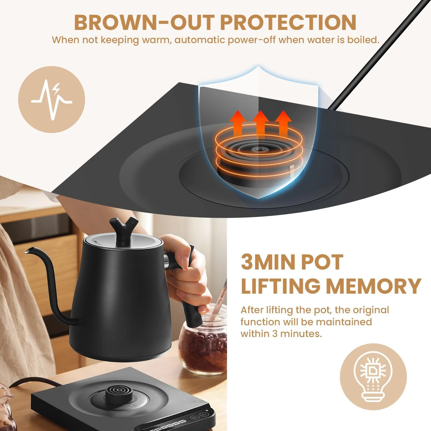 کتری برقی گردن غازی Necomi، کتری برقی قهوه 1 لیتری با نشانگر دما، کتری آب و چای استیل ضد زنگ 1000 واتی، خاموش شدن خودکار، برای قهوه، چای (مشکی)