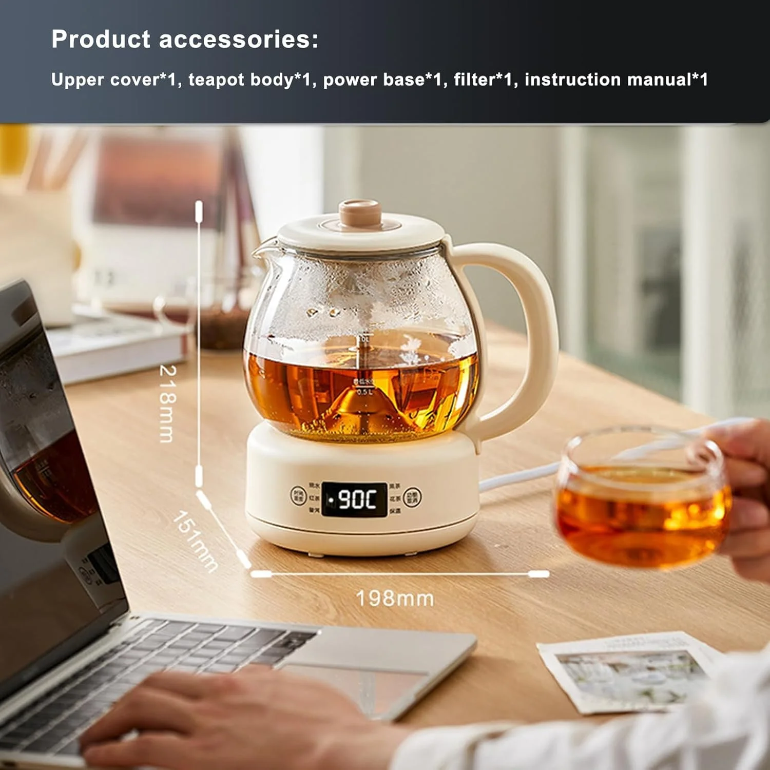 دستگاه چای ساز خانگی 600 واتی با پنل میکروکامپیوتر، سماور برقی 1 لیتری با 11 سطح عایق حرارتی قابل تنظیم، محافظت در برابر خشک شدن، 8 ساعت گرم نگه داشتن برای خانه و دفتر