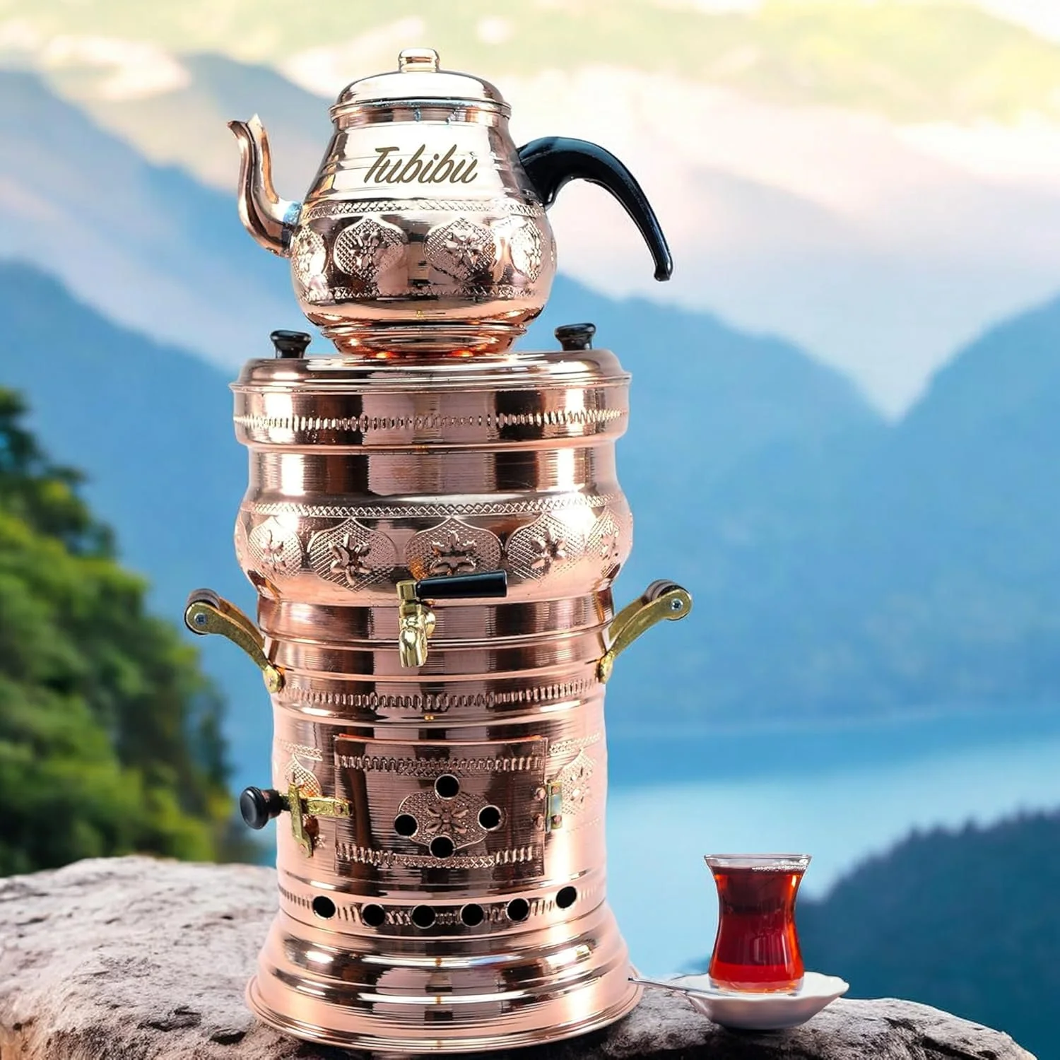 ست سماور و قوری توبیبو، زغالی، دست ساز، مس واقعی (مسی، متوسط)