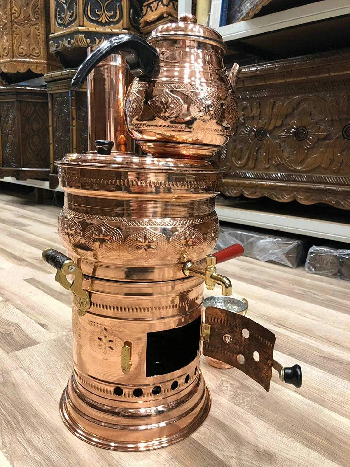 ست سماور مسی توبیو، قوری چای، ذغالی، دست ساز، سماور مسی واقعی