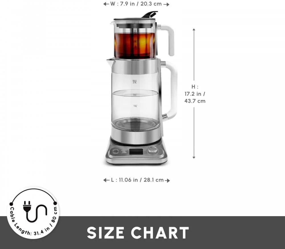 دستگاه چای ساز و کتری شیشه ای XL کاراجا، دستگاه چای ساز 2.8 لیتری Refika (قوری 0.8 لیتری، کتری 2 لیتری)، 2200 وات جوش سریع، 4 حالت گرم نگهدارنده، پایه استیل ضد زنگ