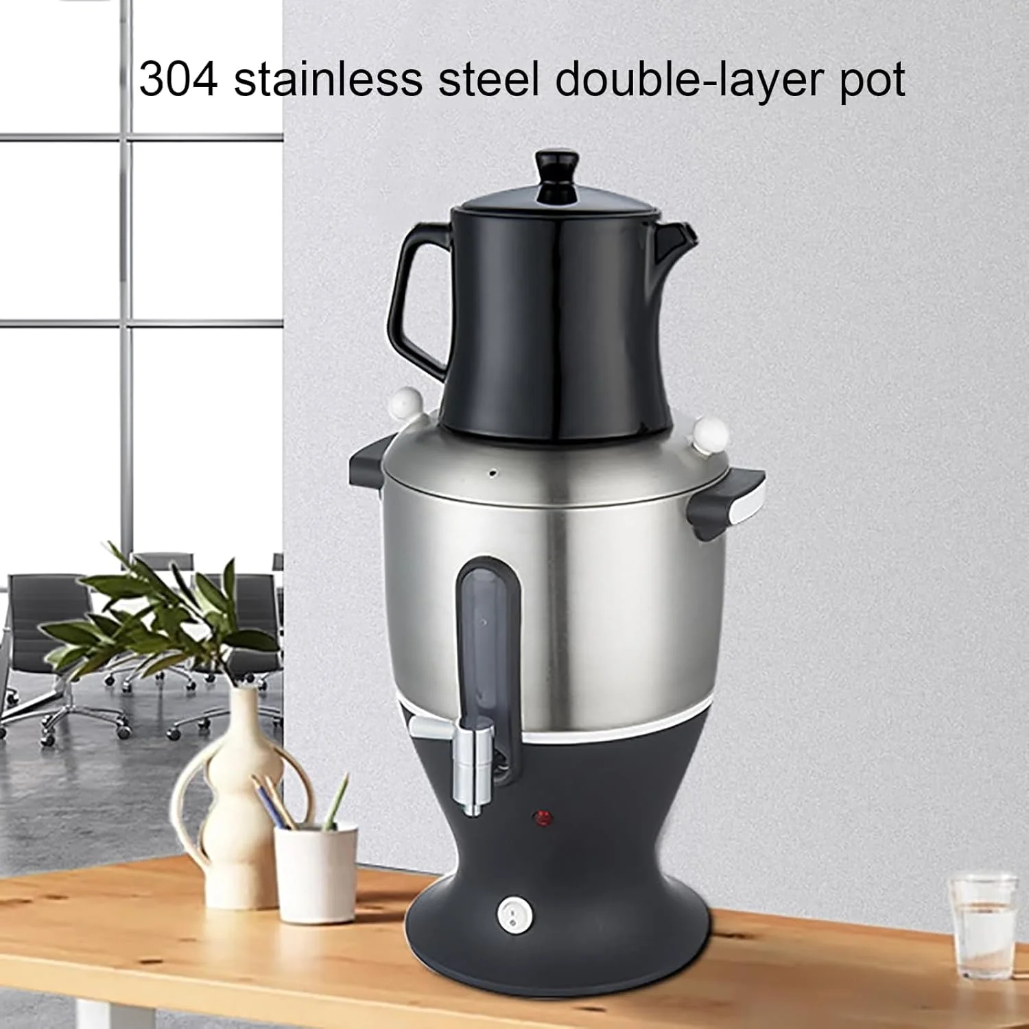 چای ساز ترکی، سماور برقی 1500 وات، سماور 6 لیتری با عملکرد گرم نگهدارنده، دیگ دوجداره استیل 304، مناسب برای دفتر کار و منزل