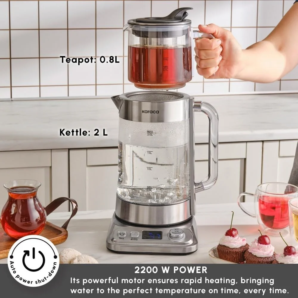 دستگاه چای ساز و کتری شیشه ای XL کاراجا، دستگاه چای ساز 2.8 لیتری Refika (قوری 0.8 لیتری، کتری 2 لیتری)، 2200 وات جوش سریع، 4 حالت گرم نگهدارنده، پایه استیل ضد زنگ