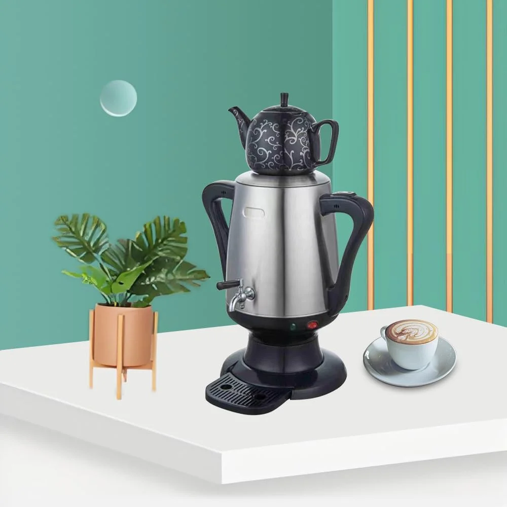 سماور برقی به سبک ترکی، دیگ آب استیل 4 لیتری با قوری تزئینی مشکی، ست چای ساز با طراحی کلاسیک عثمانی مدل SC-901