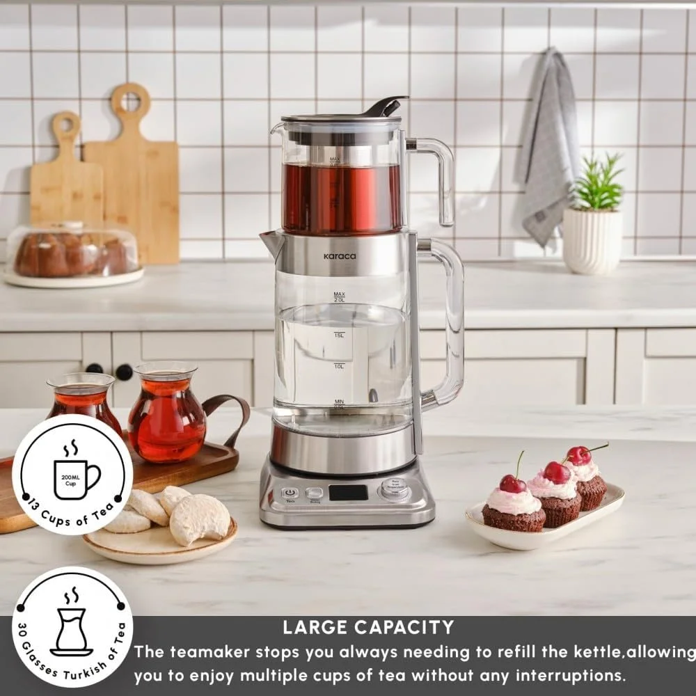 دستگاه چای ساز و کتری شیشه ای XL کاراجا، دستگاه چای ساز 2.8 لیتری Refika (قوری 0.8 لیتری، کتری 2 لیتری)، 2200 وات جوش سریع، 4 حالت گرم نگهدارنده، پایه استیل ضد زنگ