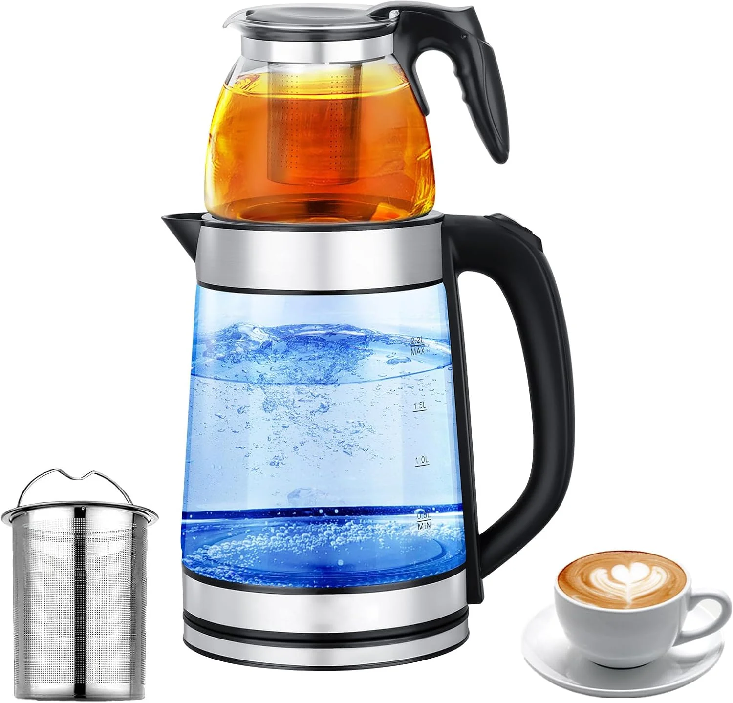 کتری برقی 2 در 1 VAODO، کتری برقی 2.2 لیتری + چای ساز شیشه ای 0.8 لیتری، چای ساز برقی ترکی، قوری دوتایی استیل ضد زنگ با فیلتر قابل شستشو، جداشدنی، سطح صاف