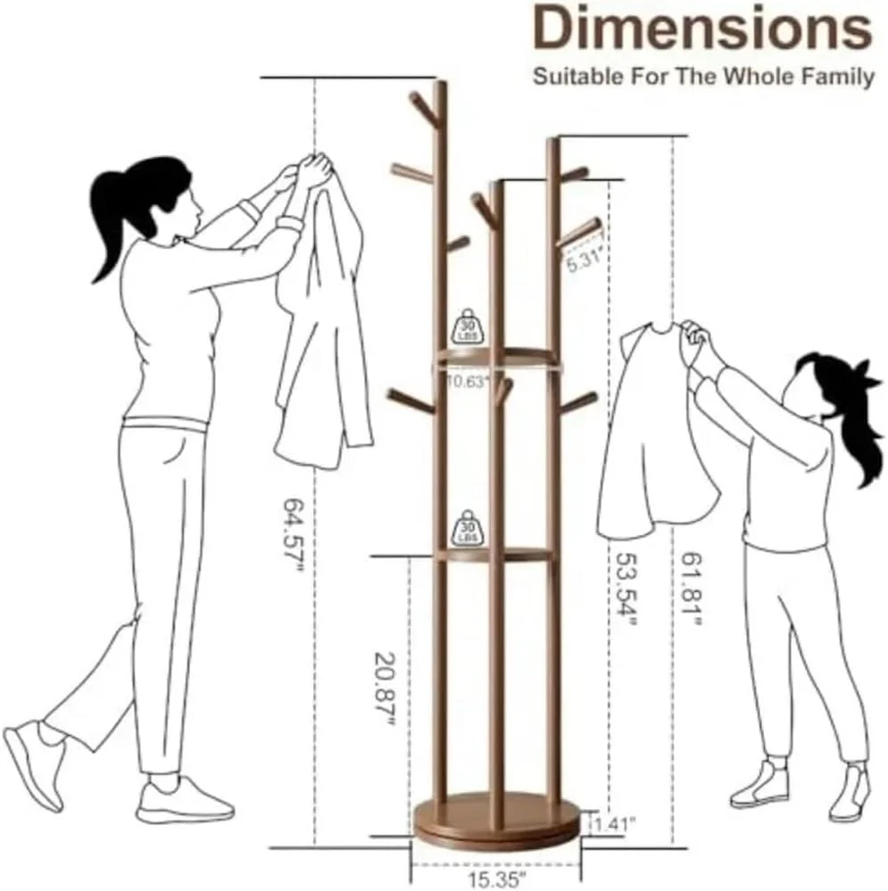 جالباسی ایستاده چوبی با قفسه های گردان، دارای ۳ طبقه و ۹ آویز برای اتاق خواب، راهرو، ورودی و دفتر کار