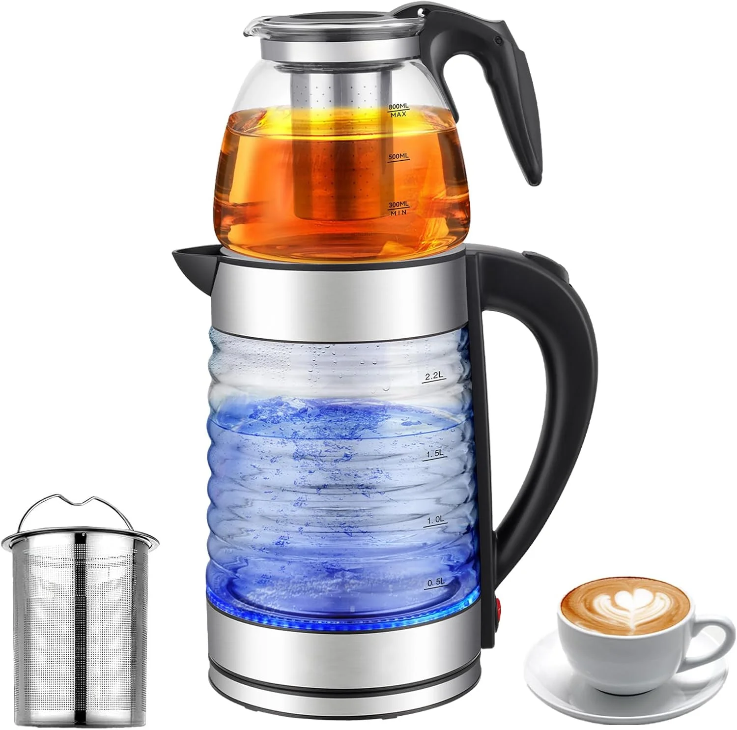 کتری برقی 2 در 1 VAODO، کتری برقی 2.2 لیتری + چای ساز شیشه ای 0.8 لیتری، چای ساز برقی ترکی، قوری دوتایی استیل ضد زنگ با فیلتر قابل شستشو، جداشدنی، رزوه